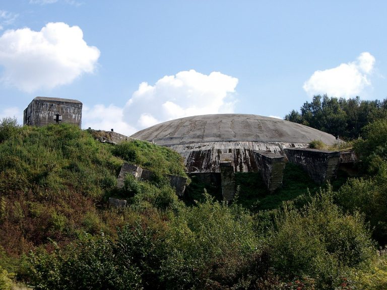 An exterior view of the V2 rocket launch site, the bunker dome at Wizernes, known as La Coupole museum