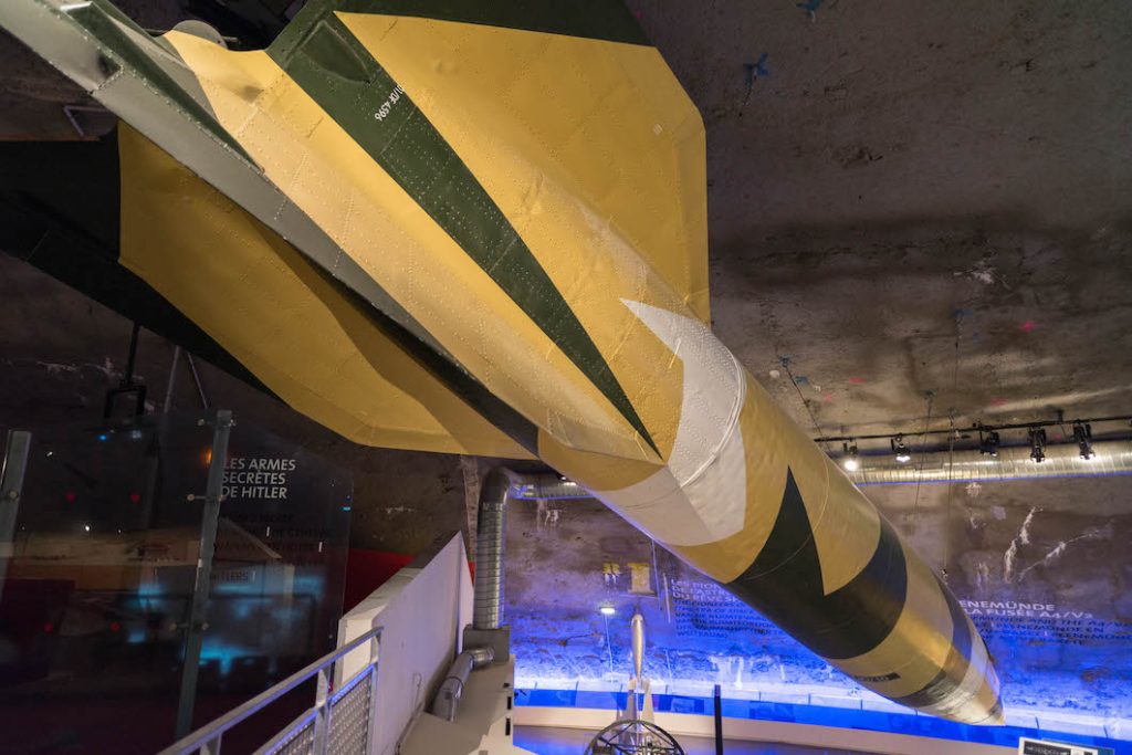 An original V2 rocket donated by the US to the Coupole museum.